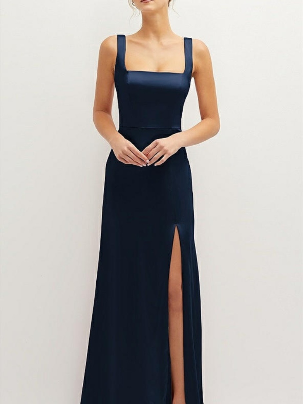 Dessy Threads Square-Neck Satin A-line Maxi Dress with Front Slit Midnight Navy